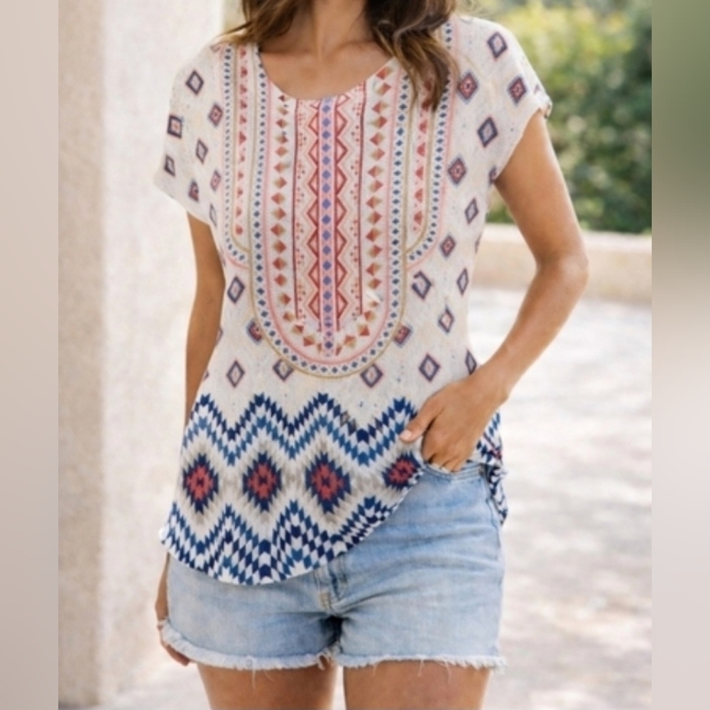 Gaze | Women's Southwest Native Tribal Aztec Pattern Multicolored Top, Size XS